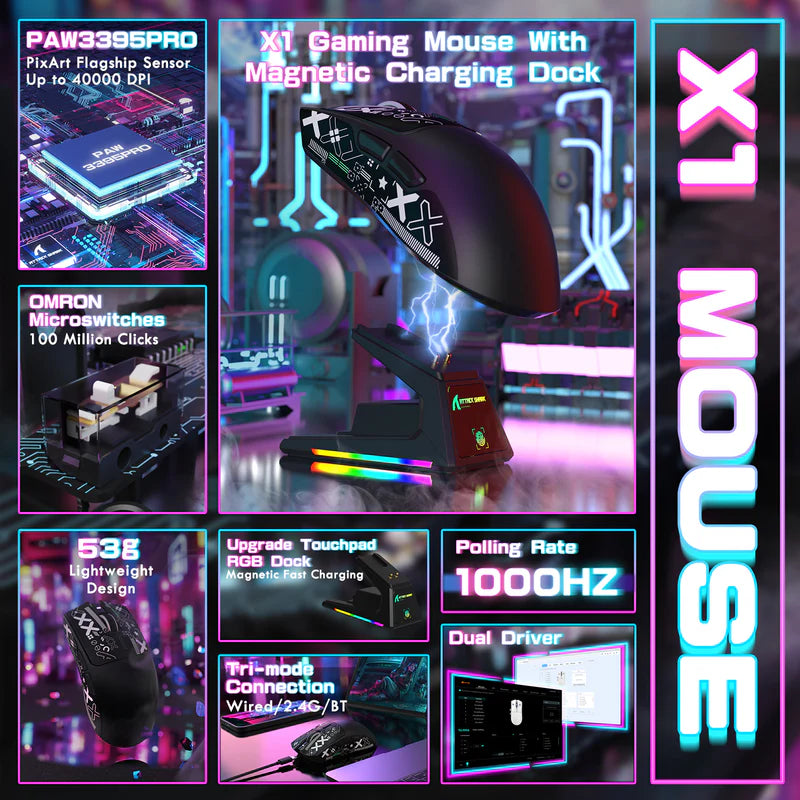 ATTACK SHARK X1 Tri-Mode Wireless Gaming Mouse (With RGB Touchpad Dock)