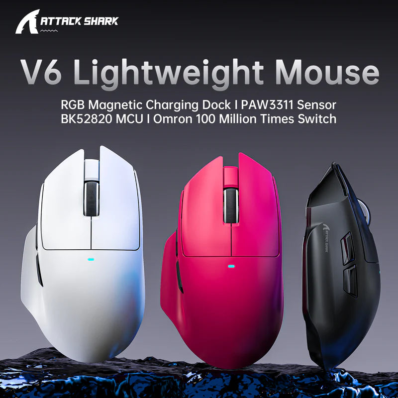 ATTACK SHARK V6 Ultra-Light Tri-Mode Gaming Mouse with RGB Charging Dock – 25,000 DPI