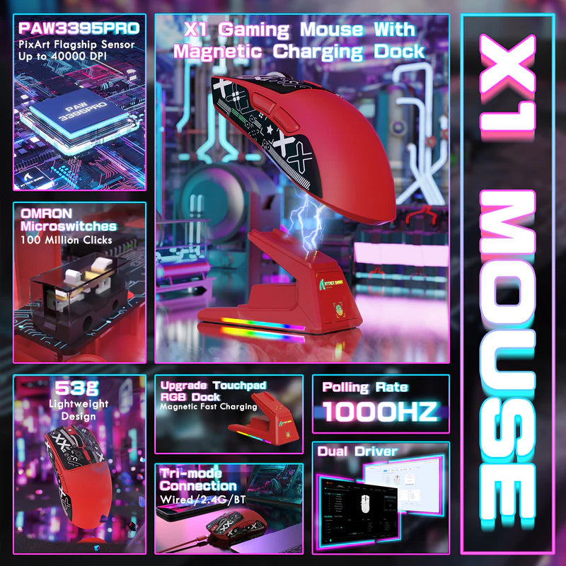 ATTACK SHARK X1 Tri-Mode Wireless Gaming Mouse (With RGB Touchpad Dock)