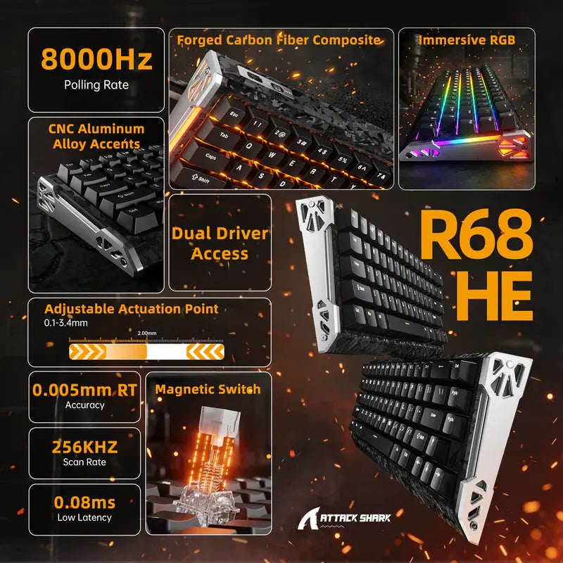 ATTACK SHARK R68 HE Carbon Fiber Rapid Trigger Keyboard Magnetic Switch (Forged Carbon Fiber Composite Keycaps)
