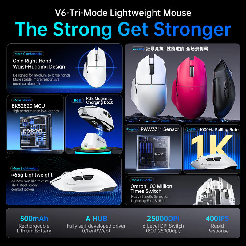 ATTACK SHARK V6 Ultra-Light Tri-Mode Gaming Mouse with RGB Charging Dock – 25,000 DPI