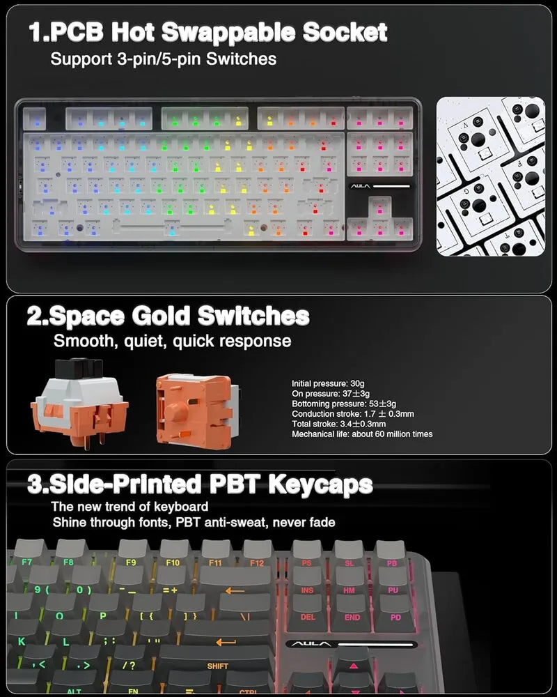 AULA F87 Pro Mechanical Keyboard – Black Gradient Gray Wood Switch V4 (Side-Printed Keycaps)