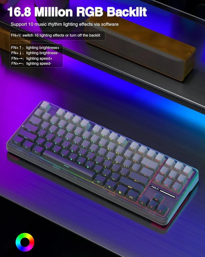 AULA F87 Pro Mechanical Keyboard – Black Gradient Gray Wood Switch V4 (Side-Printed Keycaps)