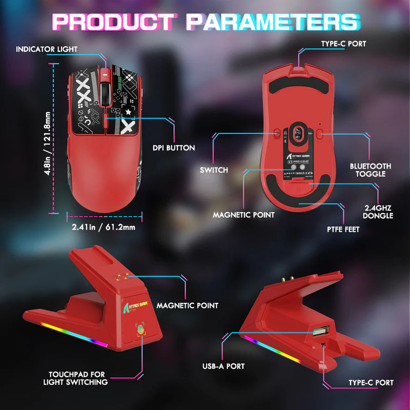 ATTACK SHARK X1 Tri-Mode Wireless Gaming Mouse (With RGB Touchpad Dock)