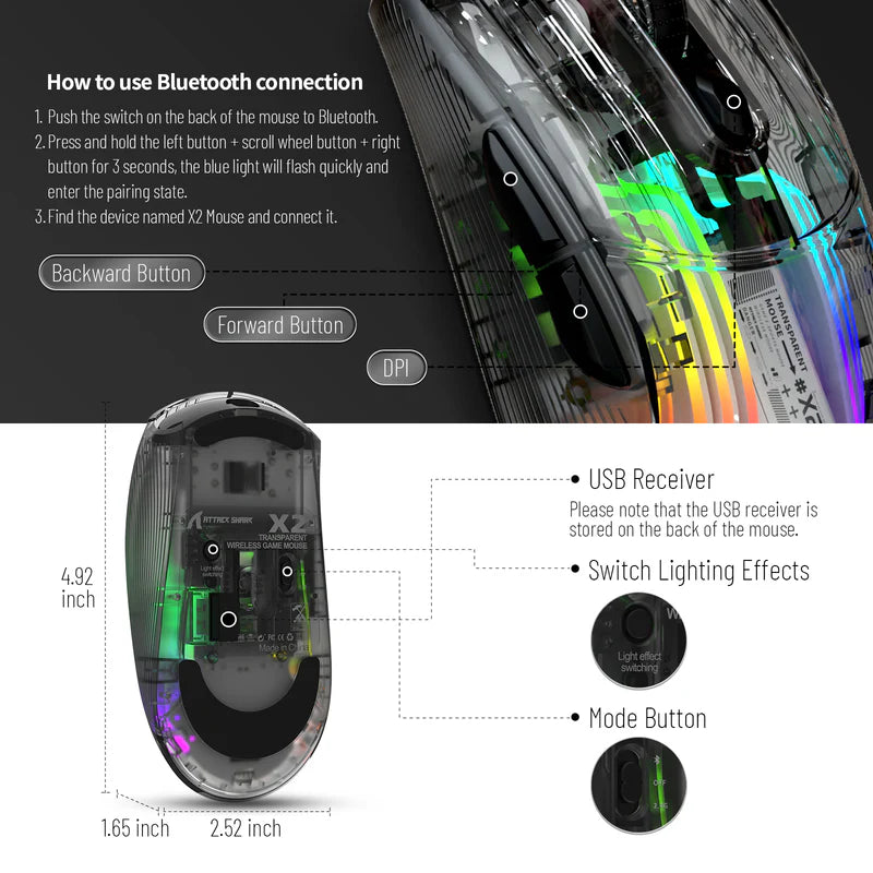ATTACK SHARK X2 Wireless Gaming Mouse – Black Transparent (Tri-Mode RGB Mouse)