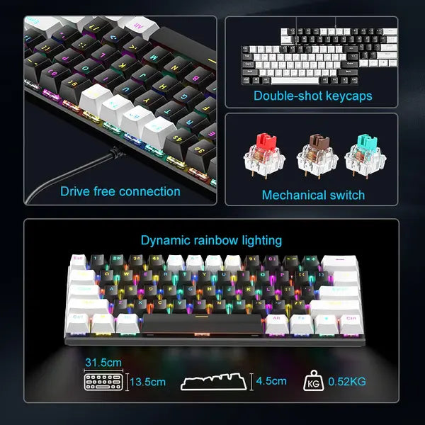ZIFRIEND BD61S 61-Key RGB Mechanical Keyboard Switch – Black & White