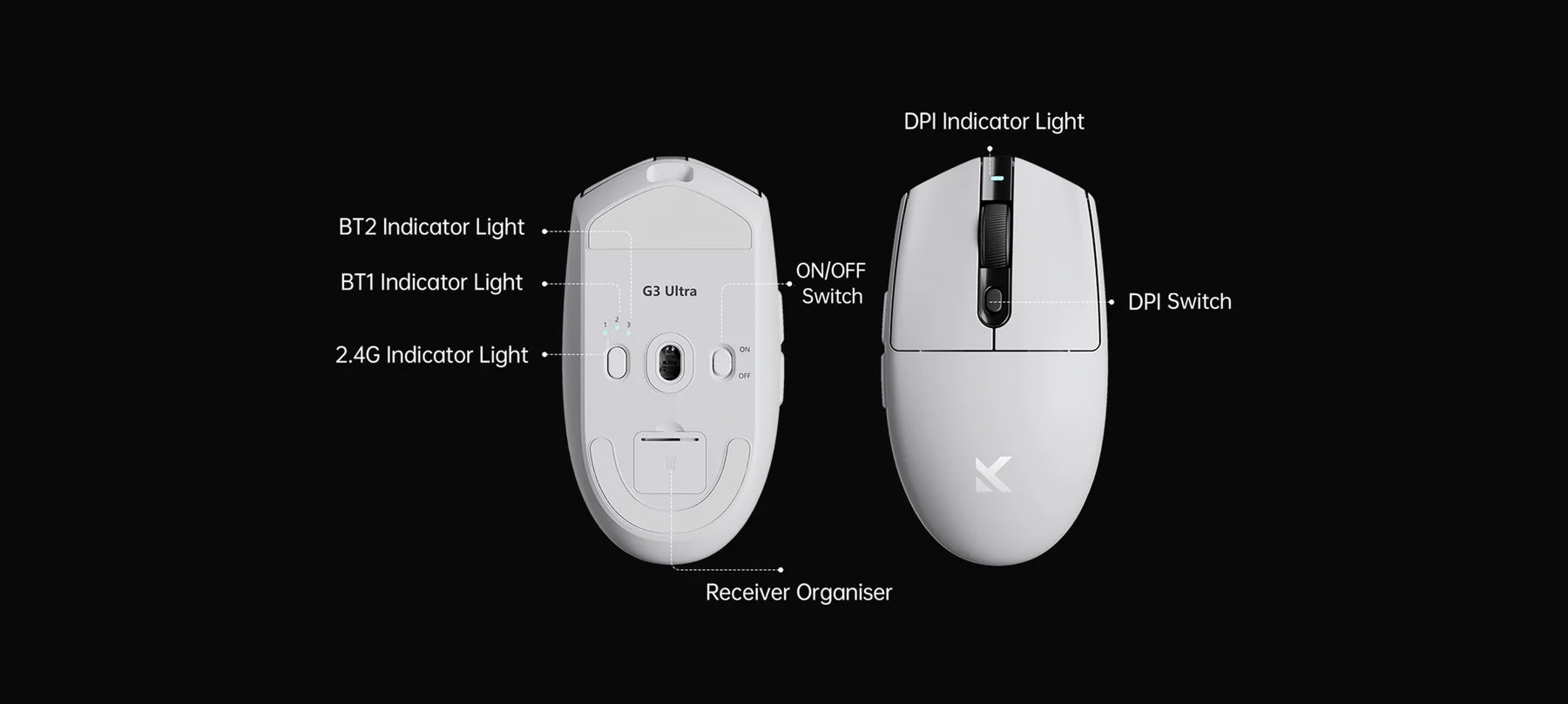 MCHOSE G3 Dual 8K High-Performance Wireless Gaming Mouse (White)
