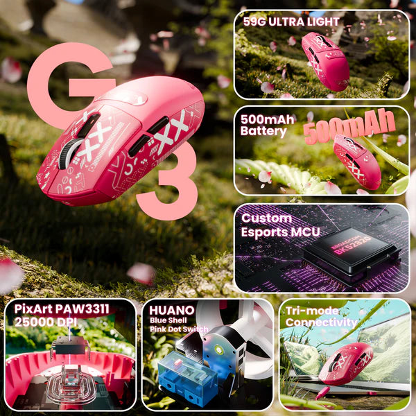 ATTACK SHARK G3 Tri-Mode Wireless Gaming Mouse – Ultra-Lightweight, 25K DPI, RGB, Triple Connection