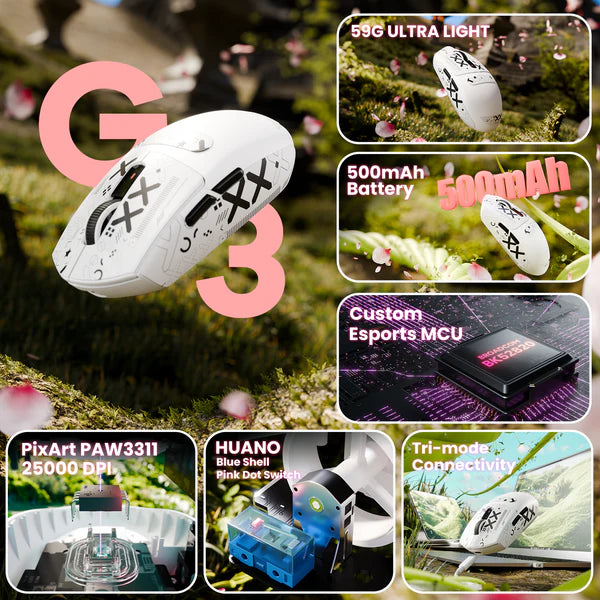 ATTACK SHARK G3 Tri-Mode Wireless Gaming Mouse – Ultra-Lightweight, 25K DPI, RGB, Triple Connection