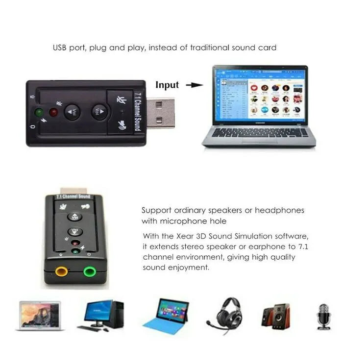 USB 7.1 Channel 3D Audio Adapter – External Sound Card
