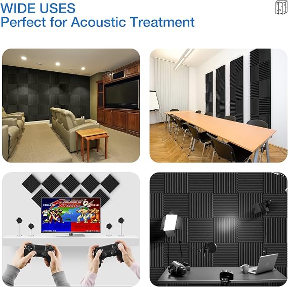 12 Pack Sound Absorbing Acoustic Foam Panels, 30 × 30 × 5 cm, High-Density Wedge Panels – Black