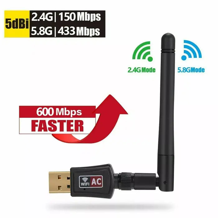 Dual-Band 600Mbps USB WiFi Adapter for PC, Mac & Linux