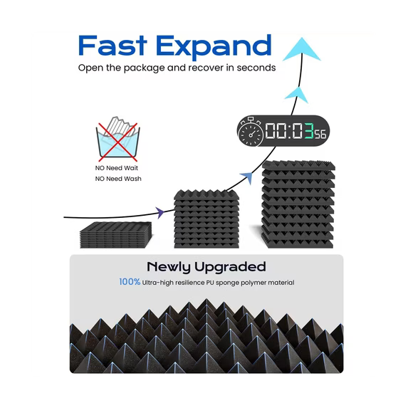 12 Pack Sound Absorbing Acoustic Foam Panels, 30 × 30 × 5 cm, 30 Density Pyramid Panels – Black