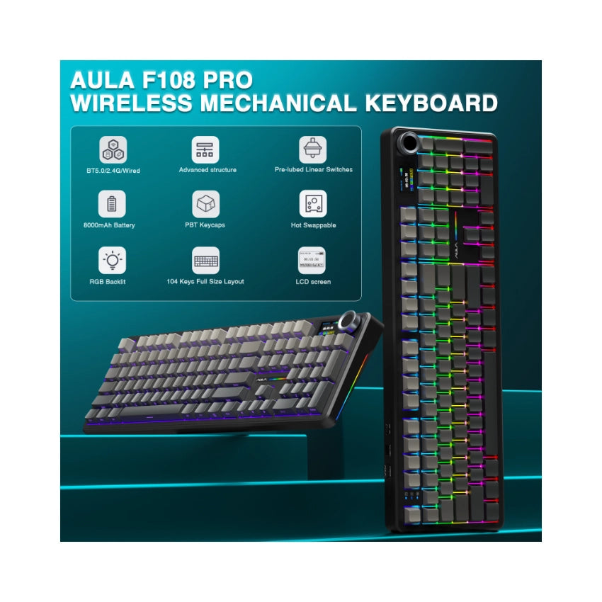 AULA F108 Pro Full Size Vision Knob Keyboard (Gradient Black Side Printed)