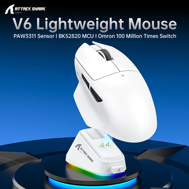 ATTACK SHARK V6 Ultra-Light Tri-Mode Gaming Mouse with RGB Charging Dock – 25,000 DPI