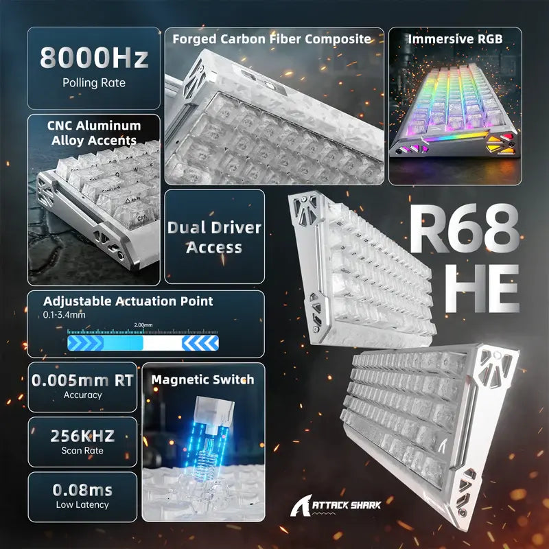 ATTACK SHARK R68 HE Carbon Fiber Rapid Trigger Keyboard Magnetic Switch (Forged Carbon Fiber Composite Keycaps)