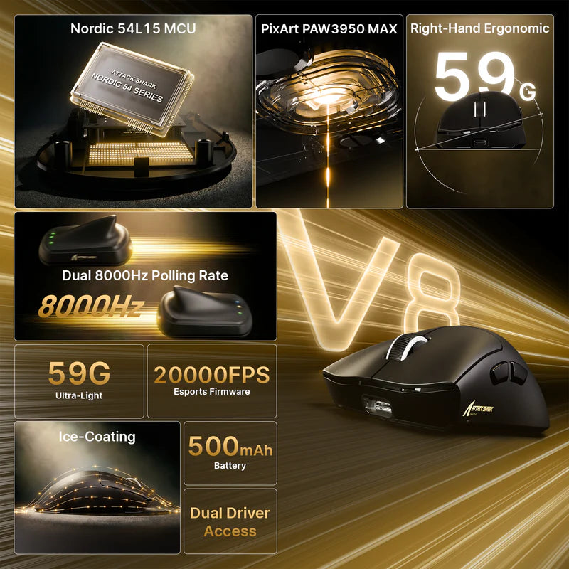 ATTACK SHARK V8 Ultra-Light Ergonomic Wireless Gaming Mouse – 42,000 DPI