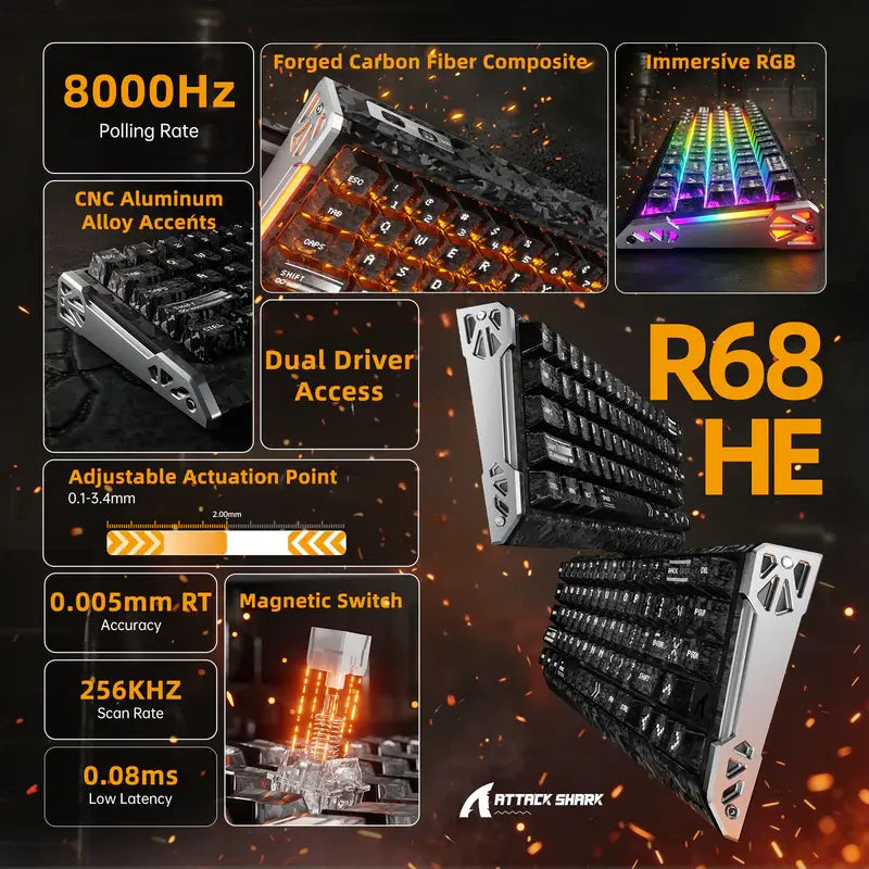 ATTACK SHARK R68 HE Carbon Fiber Rapid Trigger Keyboard Magnetic Switch (Forged Carbon Fiber Composite Keycaps)