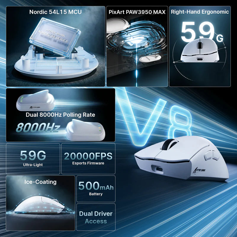 ATTACK SHARK V8 Ultra-Light Ergonomic Wireless Gaming Mouse – 42,000 DPI
