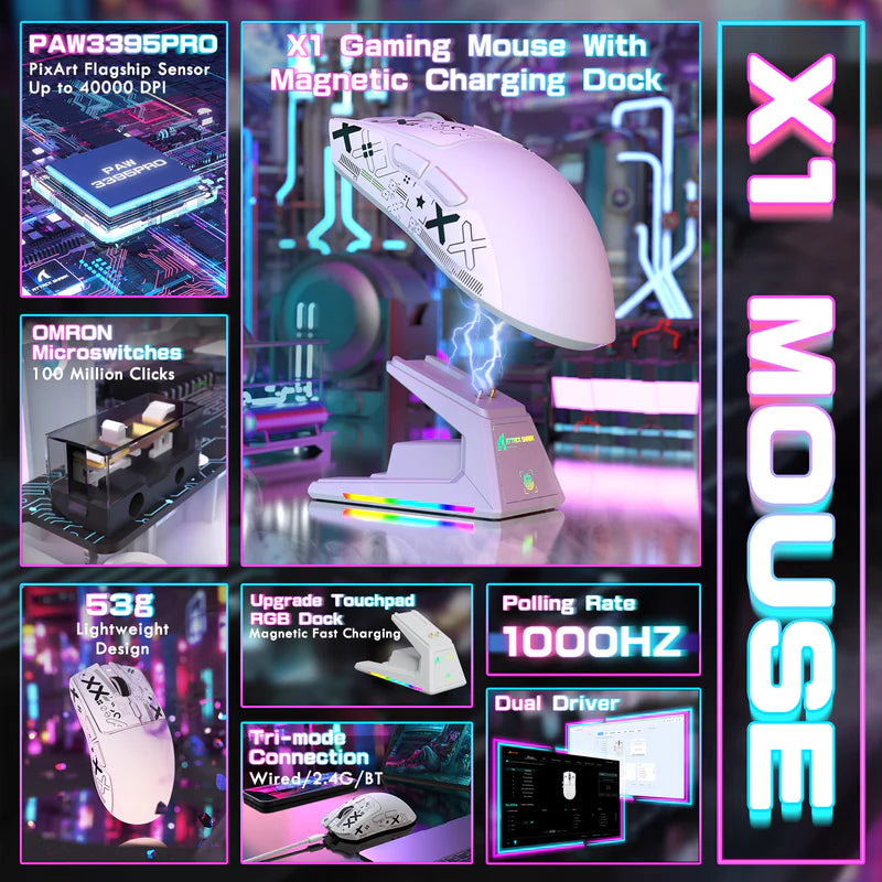 ATTACK SHARK X1 Tri-Mode Wireless Gaming Mouse (With RGB Touchpad Dock)