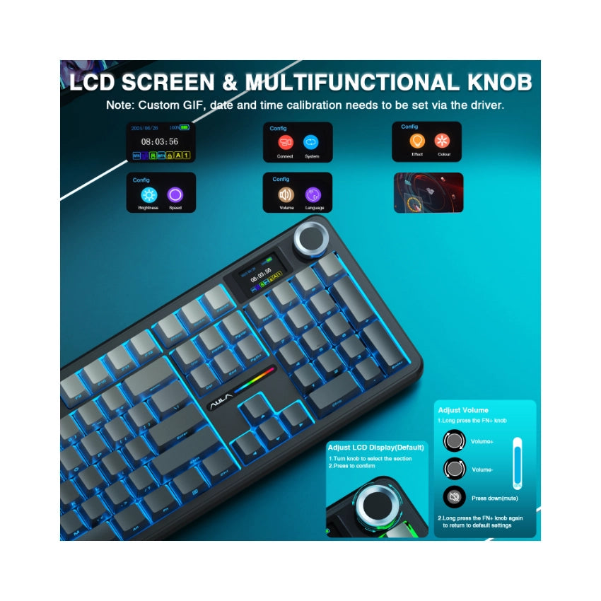 AULA F108 Pro Full Size Vision Knob Keyboard (Gradient Black Side Printed)
