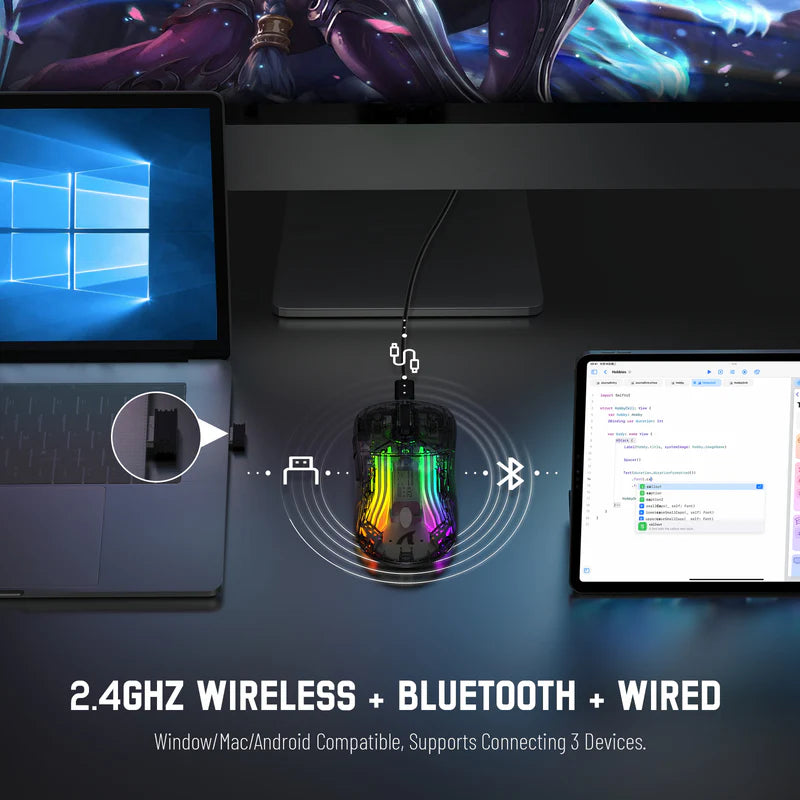 ATTACK SHARK X2 Wireless Gaming Mouse – Black Transparent (Tri-Mode RGB Mouse)