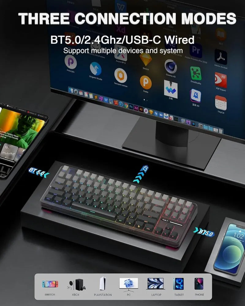 AULA F87 Pro Mechanical Keyboard – Black Gradient Gray Wood Switch V4 (Side-Printed Keycaps)