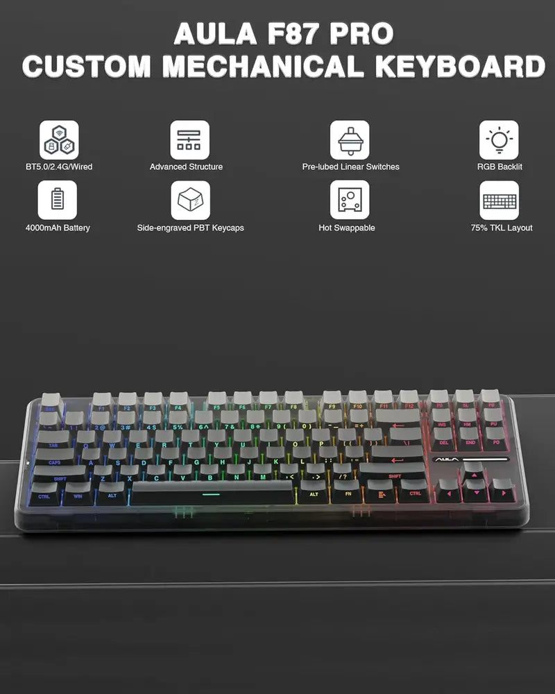 AULA F87 Pro Mechanical Keyboard – Black Gradient Gray Wood Switch V4 (Side-Printed Keycaps)