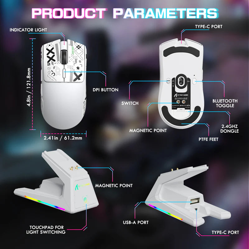ATTACK SHARK X1 Tri-Mode Wireless Gaming Mouse (With RGB Touchpad Dock)