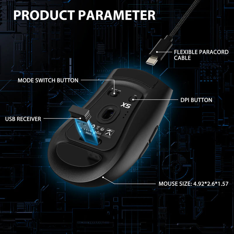 ATTACK SHARK X5 Wireless Gaming Mouse (Tri-Mode RGB Ultra-Light Mouse)