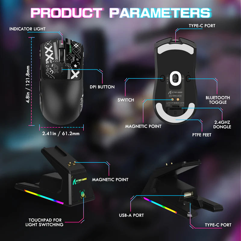 ATTACK SHARK X1 Tri-Mode Wireless Gaming Mouse (With RGB Touchpad Dock)
