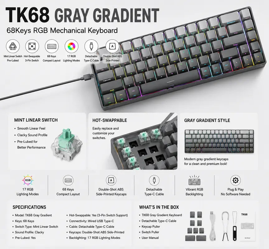 ZIFRIEND TK68 68Keys RGB Mechanical Keyboard (Optional & Red ❤️ Keycap Style)