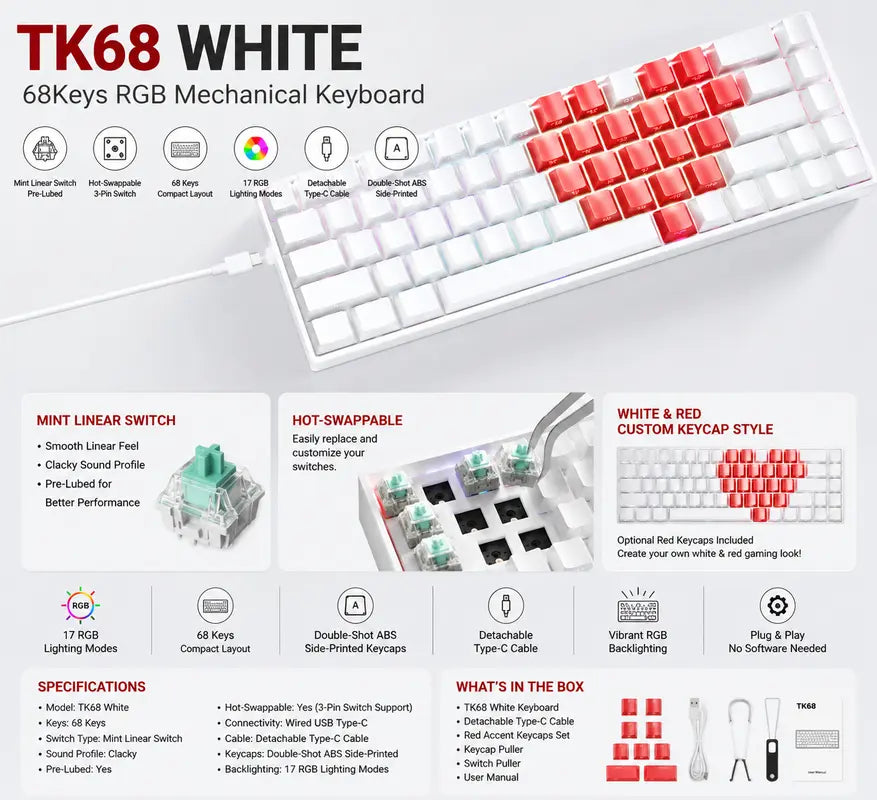 ZIFRIEND TK68 68Keys RGB Mechanical Keyboard (Optional & Red ❤️ Keycap Style)