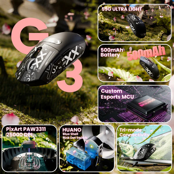 ATTACK SHARK G3 Tri-Mode Wireless Gaming Mouse – Ultra-Lightweight, 25K DPI, RGB, Triple Connection