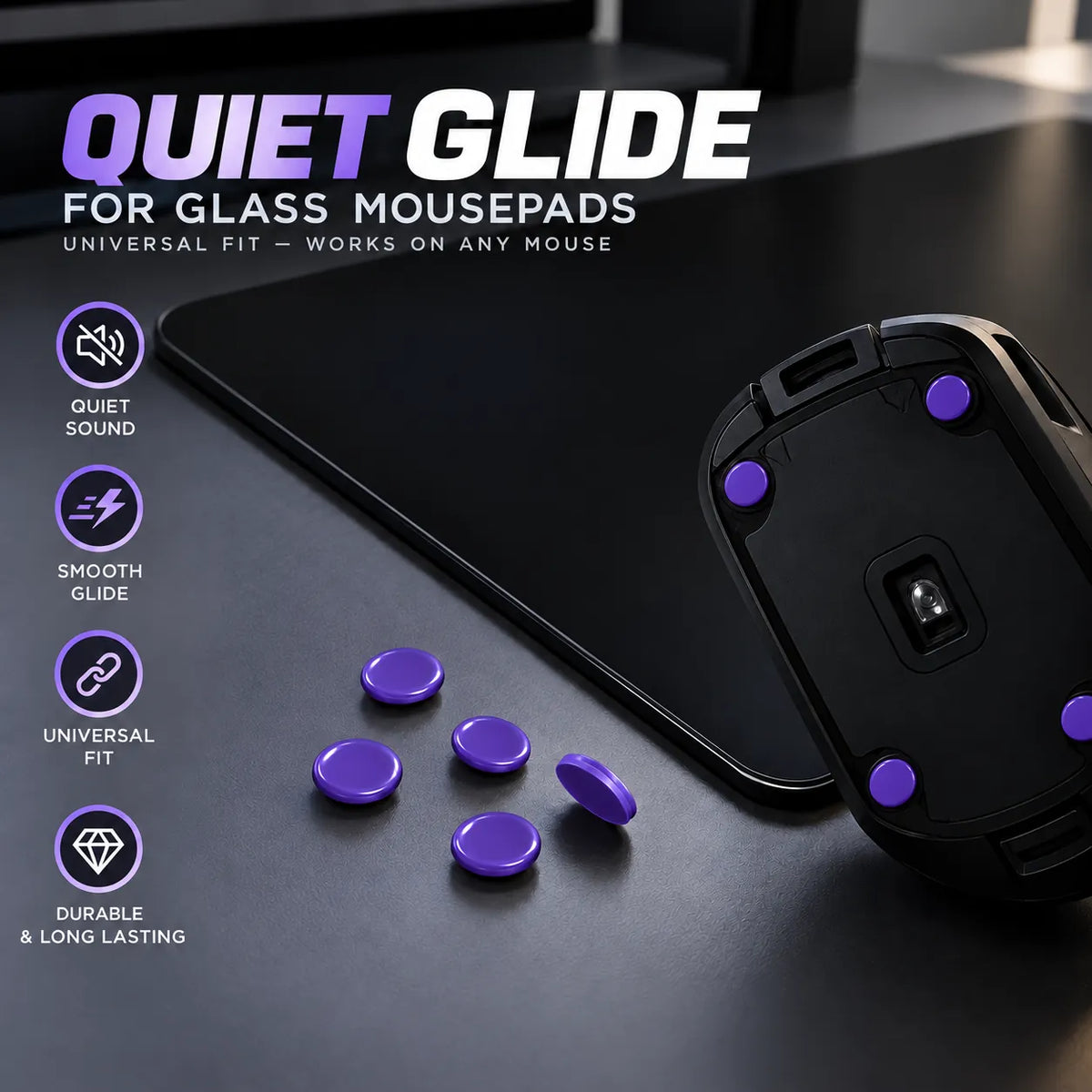 RADIAN ULTRA Premium Mouse Skates for Glass Mousepads – Quiet Sound Effect (Purple)