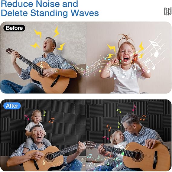 12 Pack Sound Absorbing Acoustic Foam Panels, 30 × 30 × 5 cm, High-Density Wedge Panels – Black