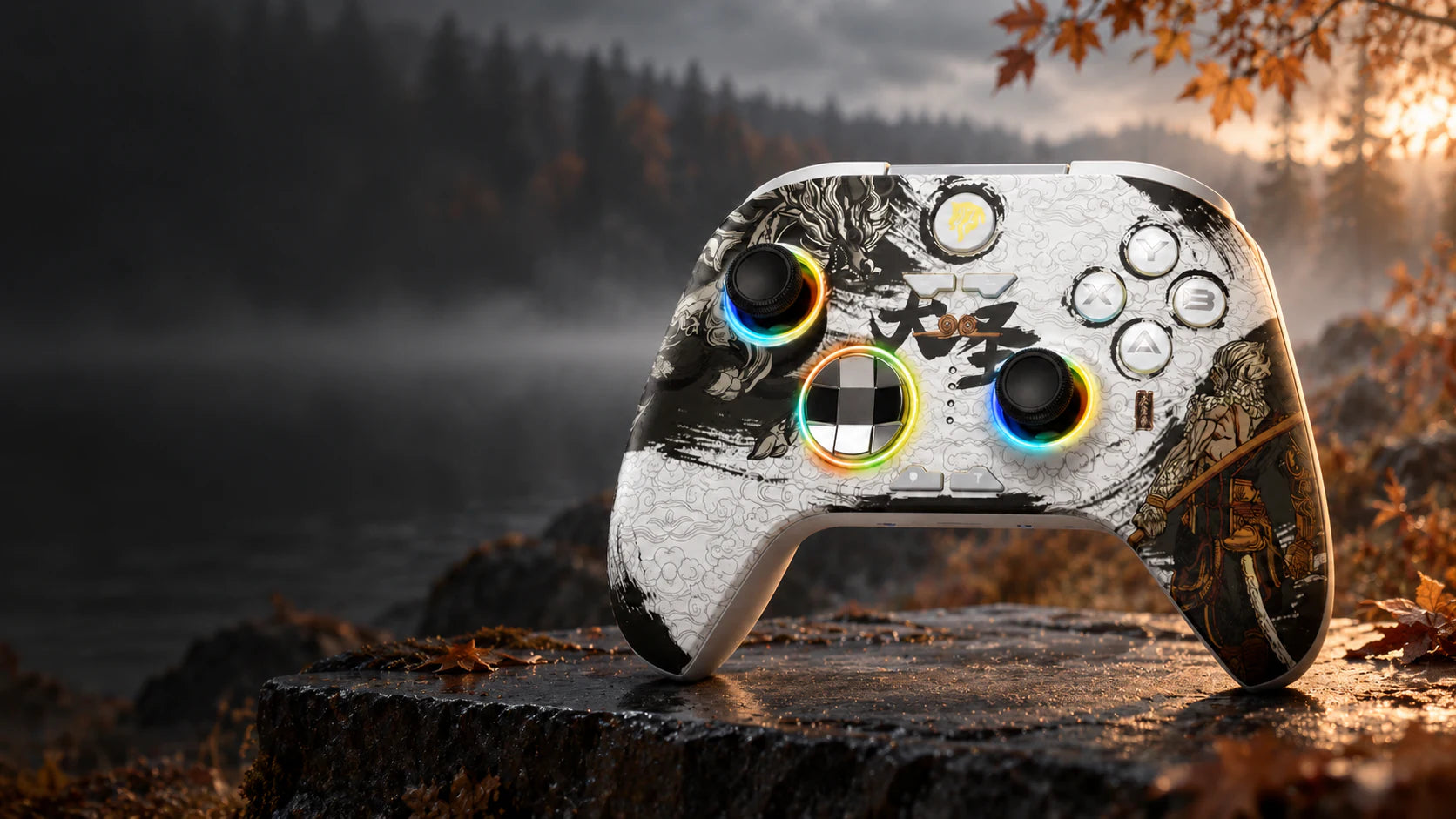 EasySMX X15 controller in a misty autumn setting