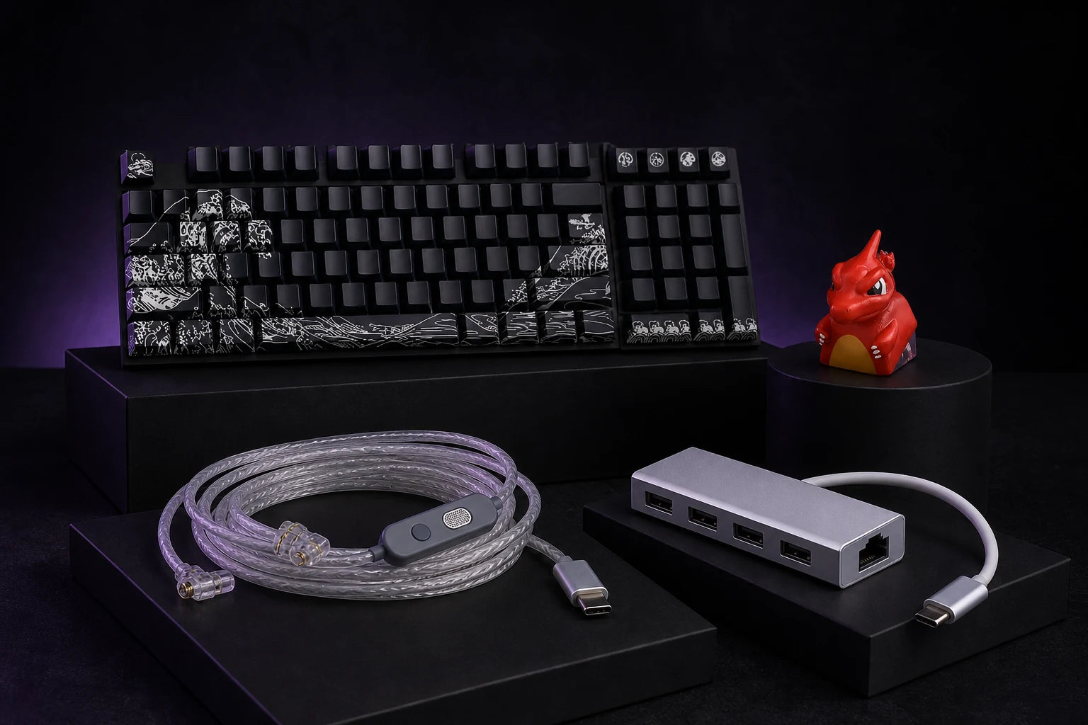 ForgeTech Wave of Kanagawa keycap set, KZ M2 cable, USB-C hub, and red resin artisan keycap