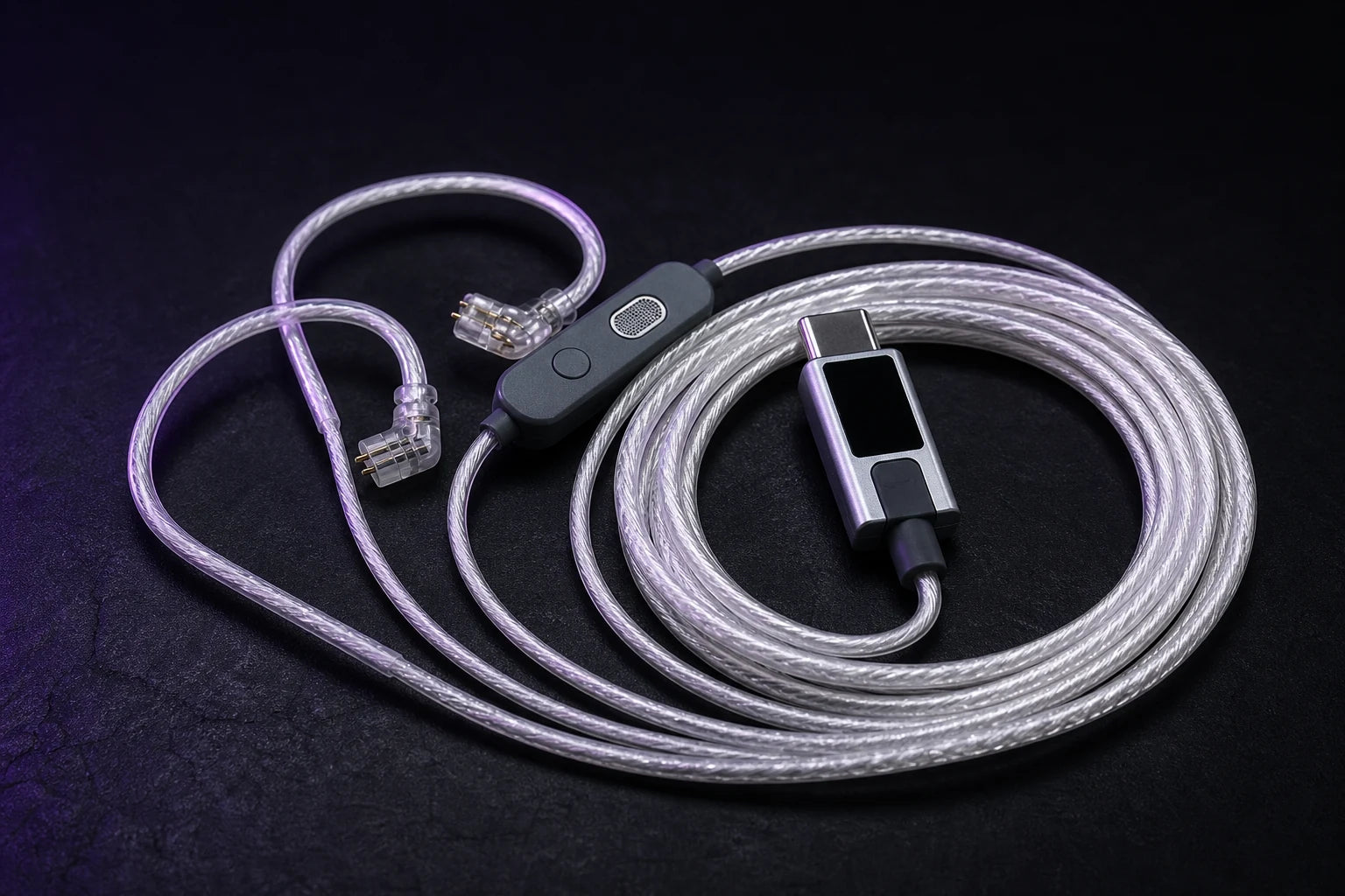 KZ M2 translucent braided earphone cable with USB-C DAC and inline controls
