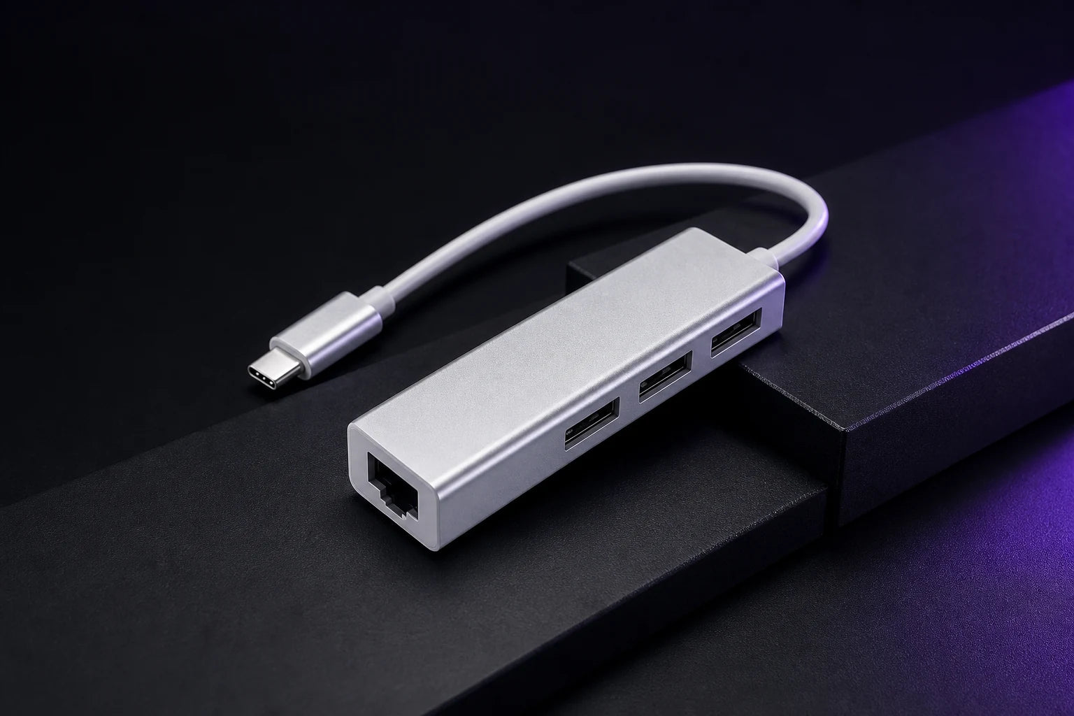 Silver USB-C hub with Ethernet and USB ports