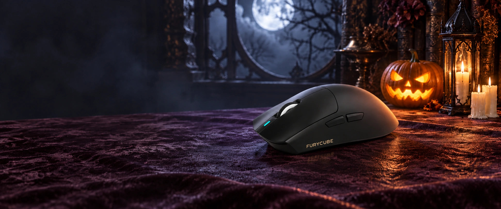 FURYCUBE G16 Pro mouse beside a Halloween pumpkin, lantern and candles