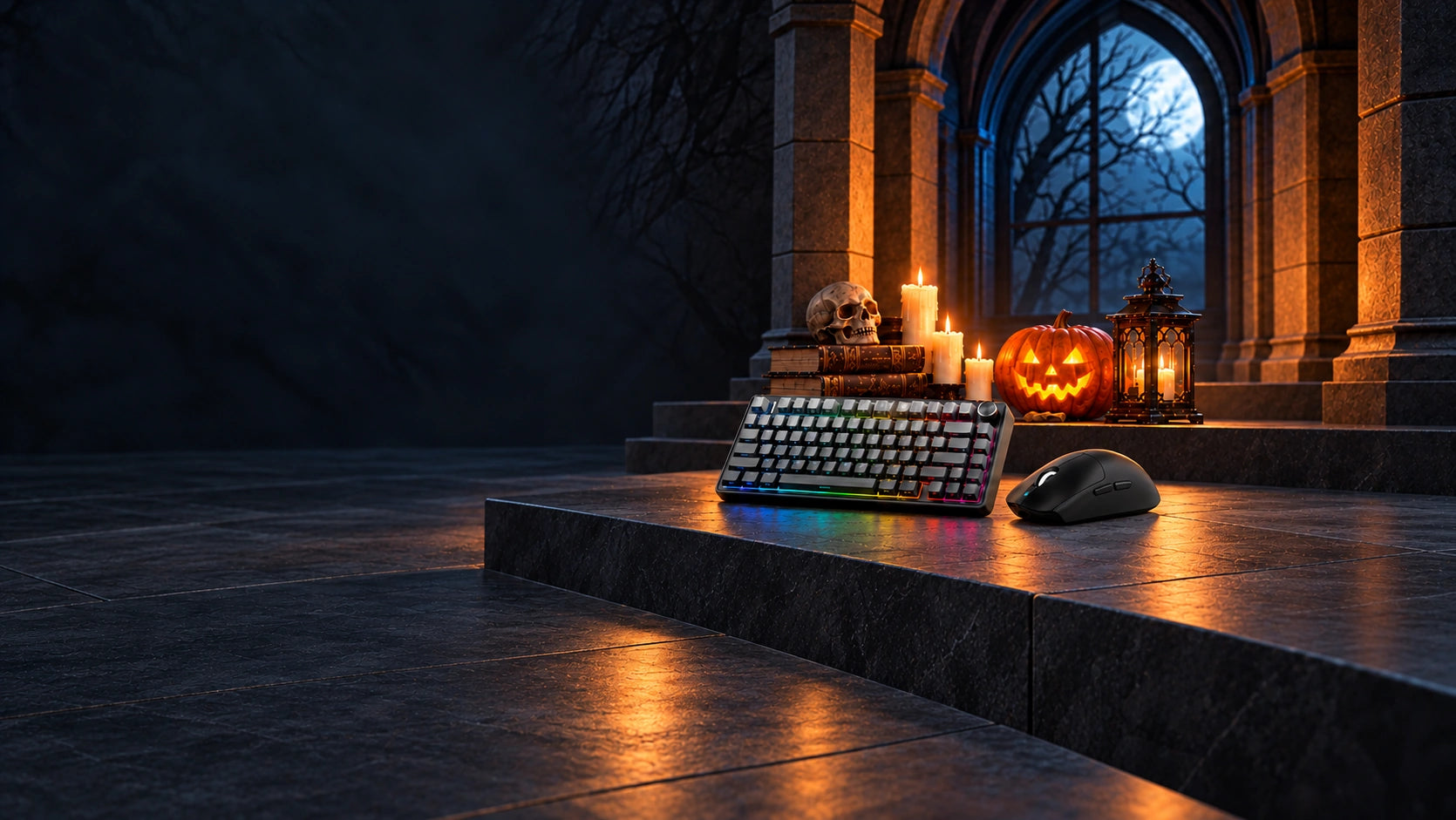 Gray-black keyboard and black mouse on smooth dark stone beside a carved pumpkin, candlelit lantern and antique Halloween props