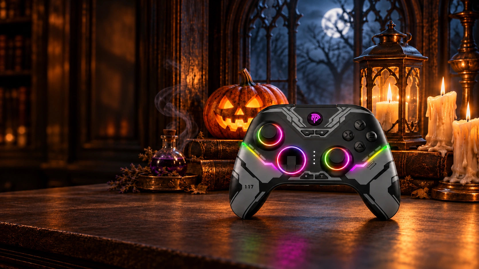 EasySMX X15 Mecha RGB controller on smooth dark stone with a pumpkin, lantern, books and potion glass beneath a moonlit window