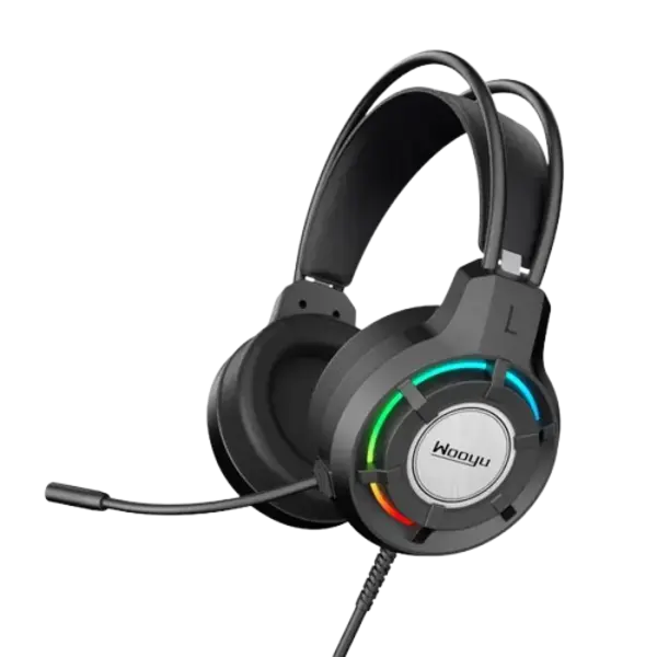 Bajeal G18 7.1 RGB surround sound gaming headset with over-ear cushions, adjustable mic, and LED lighting.