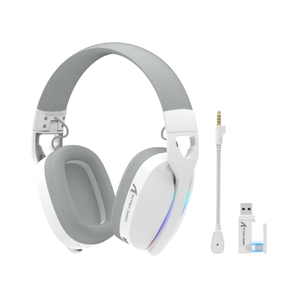 ATTACK SHARK L90 white foldable RGB ultra-light tri-mode gaming headset with adjustable mic.