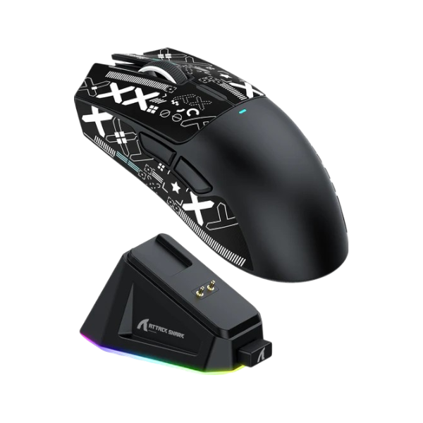 ATTACK SHARK X11 black wireless gaming mouse with RGB lighting and magnetic charging dock.