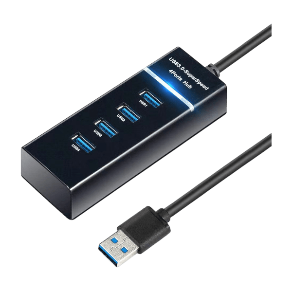 Black 4-port powered USB 2.0 hub with a long 1.2-meter cable and fuse protection.