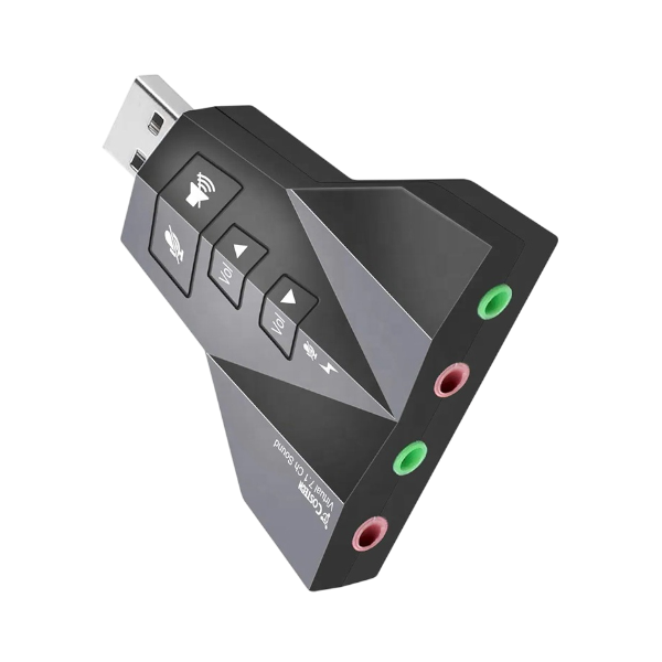 USB 7.1 channel external sound card audio adapter with microphone and headphone jacks.