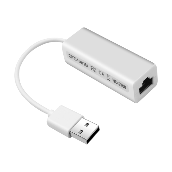 USB 2.0 to Fast Ethernet adapter providing a 100Mbps RJ45 connection.