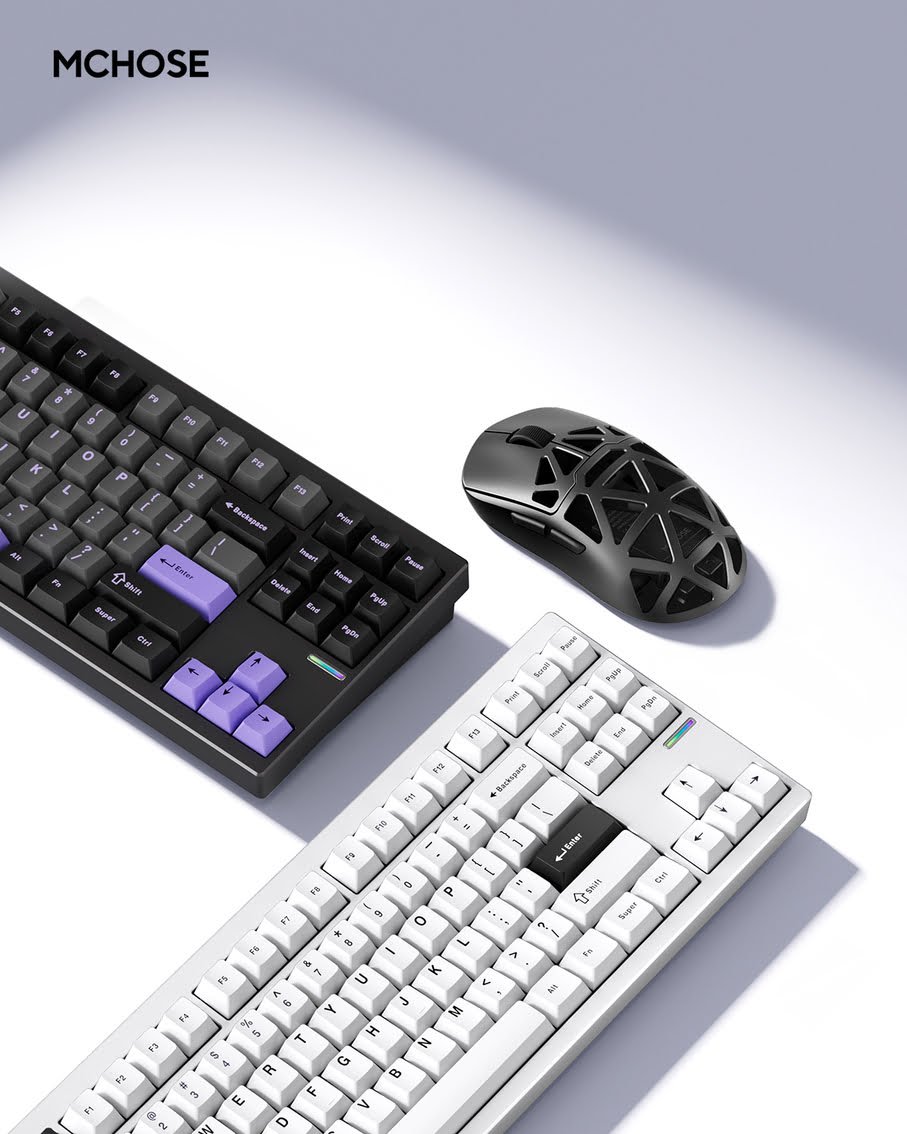 Collection of Mchose K99, G87, and A81 mechanical keyboards in black, white, and pink, showcasing their different layouts and customizable RGB lighting.